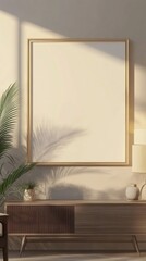 Aufkleber - Sunshine fills the cozy living space, illuminating the golden frame awaiting artwork. Soft shadows dance from lush plants, creating a serene ambiance perfect for relaxation