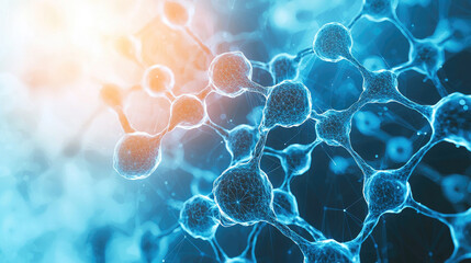 Fototapete - Molecular structure, scientific illustration, blue tones, abstract background, technology concept, digital art, chemistry, biology, network, interconnectedness, futuristic design, research