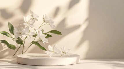 Poster - White flowers gracefully rest on a round, neutral-colored surface, their shadows playfully dancing on the wall, illuminated by gentle afternoon sunlight filtering in