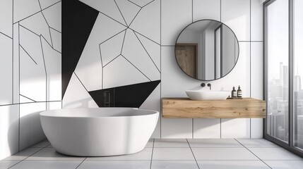 Aufkleber - Bright and airy bathroom showcases a sleek freestanding tub beside a large window. Stylish geometric patterns on the wall create a contemporary feel, complemented by natural wood accents
