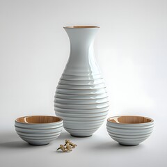 Aufkleber - A minimalist still life featuring a white ceramic vase and bowls, complemented by delicate flowers. The image evokes a sense of peace and harmony. Isolated on white background