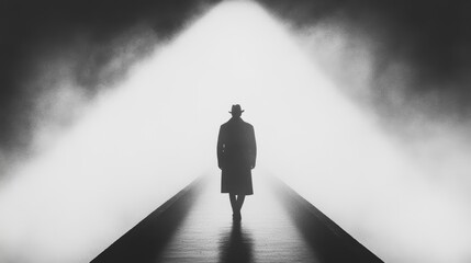 Wall Mural - mysterious figure in a long coat walks towards a bright light in a foggy setting. black and white ph