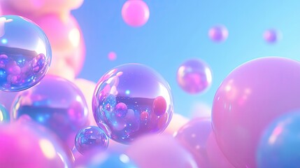 Poster - Colorful Bubbles Floating in a Bright Blue Sky Background