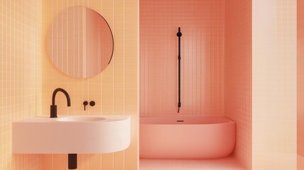 Poster - Soft peach tones envelop the sleek bathroom space, featuring a contemporary sink, mirror, and a bath. With minimalistic fixtures, it invites calm and rejuvenation for everyday moments