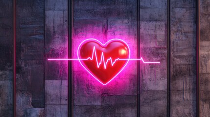 Poster - Neon Heartbeat Sign with Vibrant Light on Industrial Background