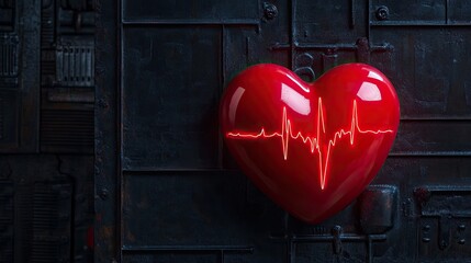 Poster - Red Heart with Heartbeat Line Against Dark Background Design Elements