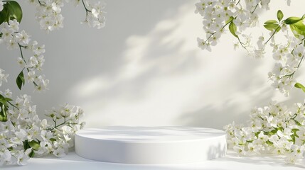 Poster - Bright white flowers gracefully frame a smooth round pedestal, creating a serene atmosphere. Soft natural light enhances the delicate petals, highlighting their beauty and offering a tranquil scene