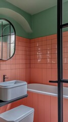 Poster - A stylish bathroom features a harmonious blend of mint green and coral tile, complemented by a minimalist sink and elegant mirror, creating a lively yet soothing atmosphere