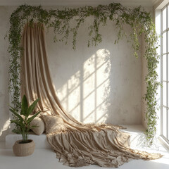 Poster - serene interior scene featuring soft beige drapery and lush greenery, creating calming atmosphere. sunlight filters through large windows, casting gentle shadows on textured wall