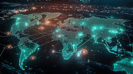 Aufkleber - digital world map showcasing interconnected networks and glowing data points, representing global connectivity and technology. vibrant colors and intricate details evoke sense of innovation and