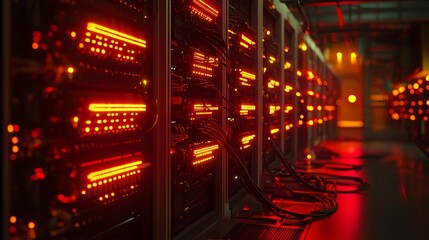 Poster - A warm data center filled with glowing orange light, illuminating the server racks in a high-tech environment