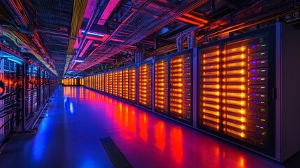 Poster - A high-tech server room with orange LED lights glowing from the racks, providing a futuristic ambiance