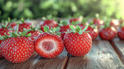Poster - Fresh strawberries on wooden table, showcasing their vibrant red color and juicy texture. sunlight enhances their appeal, making them look delicious and inviting