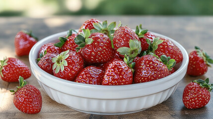 Poster - Fresh strawberries in white bowl, vibrant red and juicy, are beautifully arranged on wooden table, evoking sense of summer delight and natural sweetness