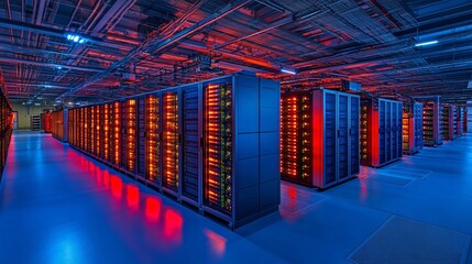 Poster - A modern data center with an inviting orange glow, illuminating powerful server racks.