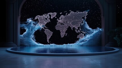 Poster - global World Map World map projected onto a digital screen with interactive data points, visualizing global trends, demographics, and economic data.