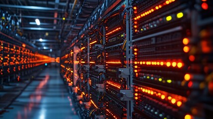 Poster - A glowing server room with bright orange lighting reflecting off the high-tech equipment