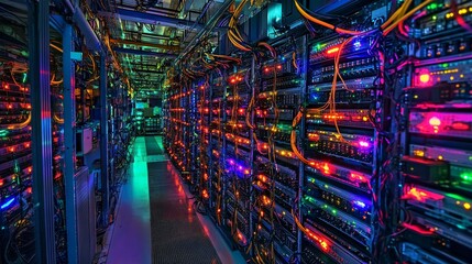 Poster - A futuristic server farm with warm lighting casting a cozy orange glow on the hardware