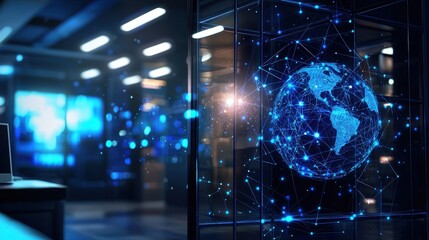 Poster - A modern workspace featuring a floating holographic globe, illuminated with blue lights, representing global connectivity and technology.