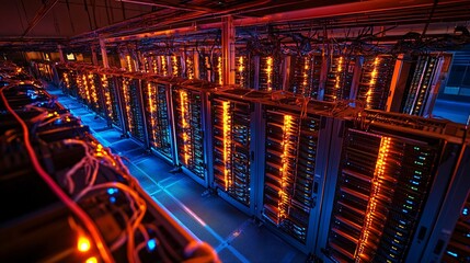 Poster - A row of neatly stacked servers glowing in an orange hue, providing a sense of stability and power