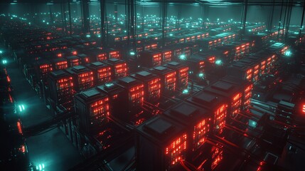 Poster - A tech facility housing server racks bathed in soft orange lighting, ensuring optimal functionality