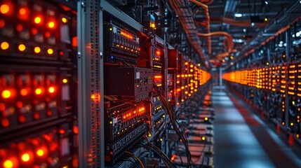 Poster - A close-up view of a data center, where rows of server racks emit an orange luminescence