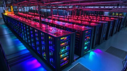 Poster - A cutting-edge server room with a futuristic orange glow illuminating the racks and networking equipment