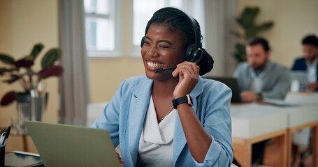 Poster - Businesswoman, headset and happy with laptop in office, consultant and customer service for sales. Coworking, call center and agent with advice for telemarketing, client feedback and laugh for joke