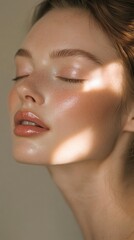 Poster - A tranquil moment captures a young woman with flawless skin, her eyes gently closed, bathed in warm, natural light, revealing a peaceful and radiant aura amid soft shadows