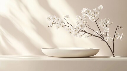 Poster - A single branch adorned with delicate white blossoms leans gently over a smooth, round dish set against a softly lit, neutral background