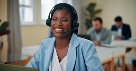 Poster - Office, businesswoman and happy with laptop for headset, consultant and customer service for sales. Coworking, call center and agent with mic for telemarketing, client feedback and laugh in portrait