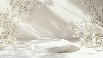 Aufkleber - Sunlight filters through soft shadows in a peaceful indoor space, highlighting a smooth white circular table framed by elegant branches of blossoming white flowers, creating a calm atmosphere