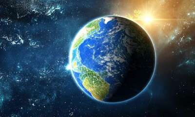 Wall Mural - earth from space with a transparent ozone layer shielding the planet from harmful sun rays in animat