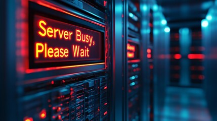 Poster - A futuristic digital infrastructure setup, where an LED screen on a server rack warns: 