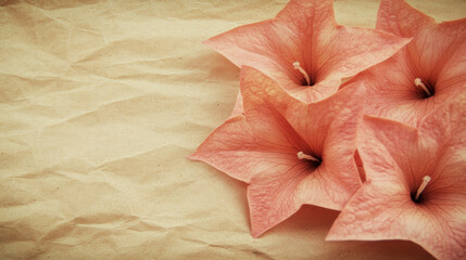  Four delicate pink flowers with star shaped petals rest on textured brown paper background, creating soft and natural aesthetic. pastel tones and crumpled surface add vintage feel