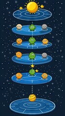 Wall Mural - Cartoon planets orbit the sun on a star-filled cosmic pathway, moving towards a yellow planet below