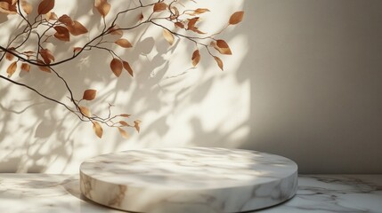 Poster - Soft shadows dance across a marble surface as delicate autumn leaves adorn the scene, casting an enchanting ambiance during the serene golden hour in a cozy setting