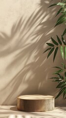 Poster - Sunlight filters through verdant leaves, casting intricate shadows on a soft beige wall. A rustic wooden pedestal rests beneath, adding warmth to the serene composition