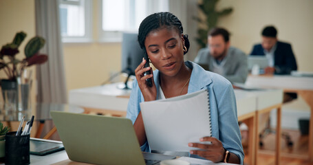 Aufkleber - Business, phone call and woman in office, documents and communication with financial report. Person, tax consultant or employee with cellphone, talk or digital app with network or feedback for profit
