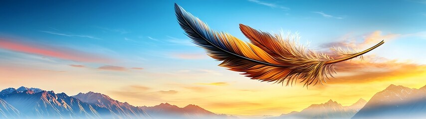 Wall Mural - a vibrant feather glides through a colorful sky, surrounded by mountains, symbolizing freedom and se