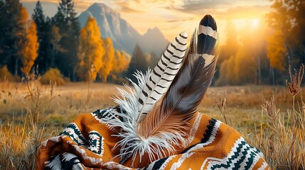 Wall Mural - A serene landscape featuring a blanket adorned with feathers, set against a backdrop of mountains and autumn foliage during sunset. inca geometric boho feathers