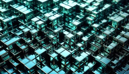 Wall Mural - a shimmering reflective surface of neon teal rectangles arranged