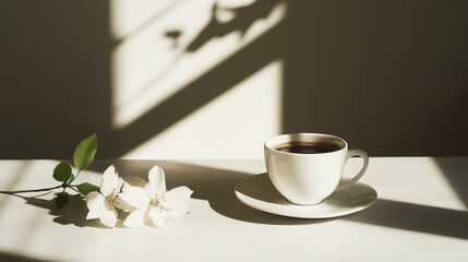 Aufkleber - A white cup of coffee rests on a saucer beside delicate white flowers, with gentle shadows creating an inviting atmosphere in the warm morning light