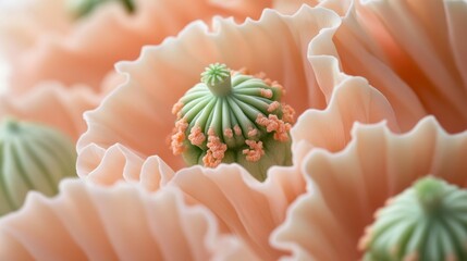 Aufkleber - Soft peach petals surround intricate green and coral stamens, creating a harmonious floral display. This captivating sight invites you to appreciate nature's elegance and beauty