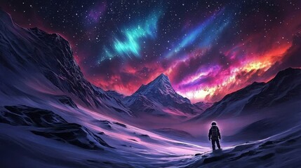 Wall Mural - An astronaut stands on a vast frozen landscape adorned with thick layers of snow and ice.