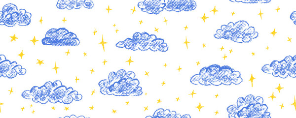 Wall Mural - chalk clouds seamless pattern. midnight sky abstract background with magic stars. weather symbols dr