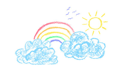 Wall Mural - crayon clouds with rainbow. sky with sun and silhouette of a flock of birds. colorful wax pencil kid
