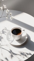 Aufkleber - A delicate porcelain cup filled with dark coffee rests on a white saucer. Sunlight casts soft shadows of nearby flowers, creating a tranquil atmosphere ideal for morning reflection