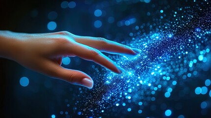 Aufkleber - Close-up of hand touching a holographic interface with digital icons, dark blue background 