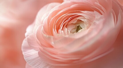 Poster - A close-up of a soft pink ranunculus flower reveals its intricate layers and gentle curves, showcasing nature's artistic touch during a tranquil spring afternoon in a blooming garden